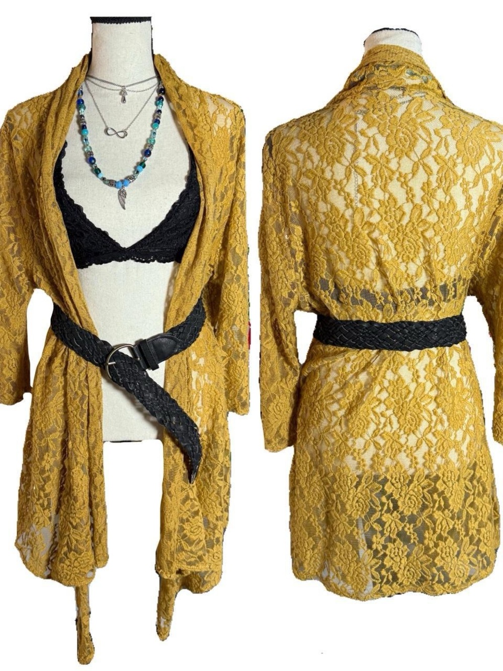 Mustard Yellow Lace Duster Cardigan / Estimated Small/Medium / Boho Festival Kim